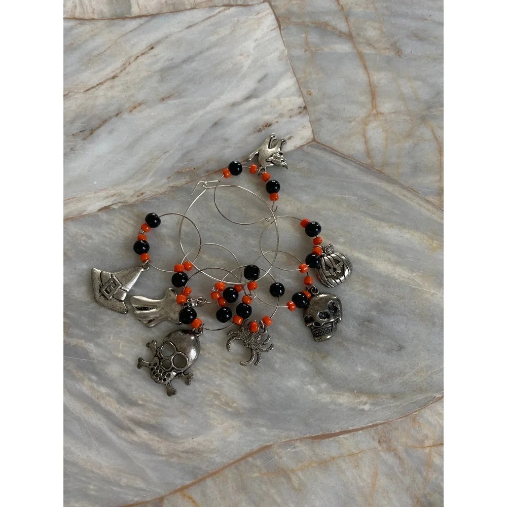 Halloween Wine Glass Charms Set 7pc Skull Ghost Cat Pumpkin Spider Witch Hat